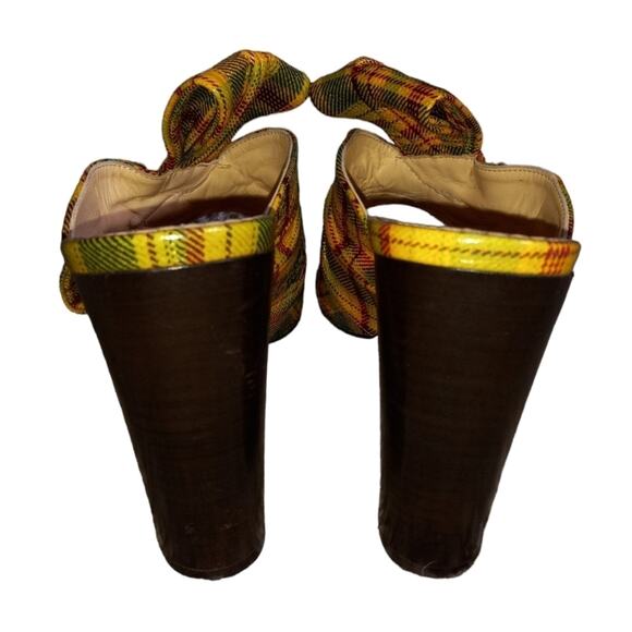 Charlotte Olympia Yellow Plaid and Pearl Bow Front Leather Stacked Heel Mules - Picture 4 of 6